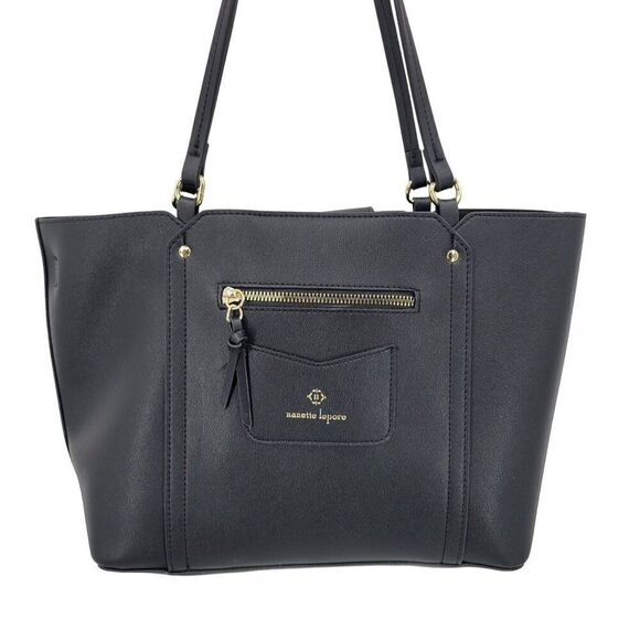 Nanette Lepore Black Vegan Faux Leather Tote Bag Multiple Pockets Shoulder Large - Picture 11 of 11